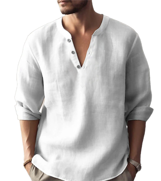 男半开襟有袖口3粒扣V领长袖衬衫-LTM100762 - 竹节麻-120g/S